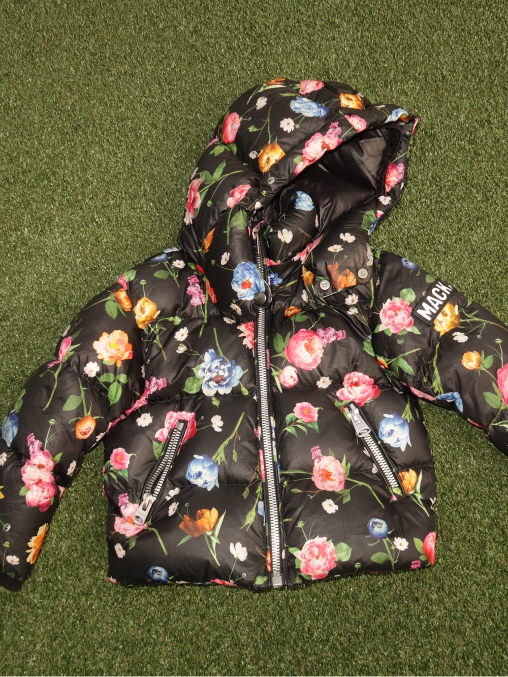 Mackage Kids Floral Puffer Jacket in Black with Multicolor Flowers